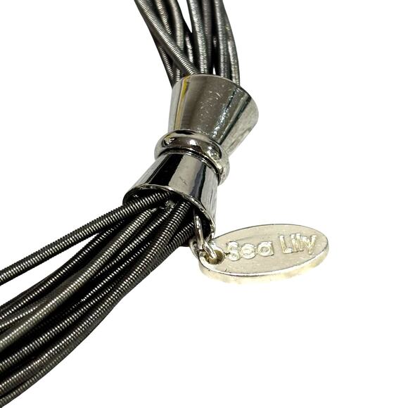 Sea Lily silvery piano wire multistrand chain & faux pearl beads choker necklace - Picture 3 of 6